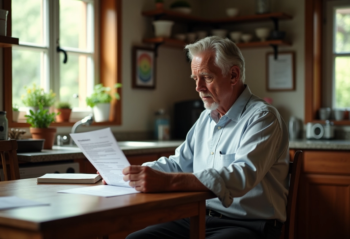 Homme senior lisant un rapport médical dans une cuisine chaleureuse