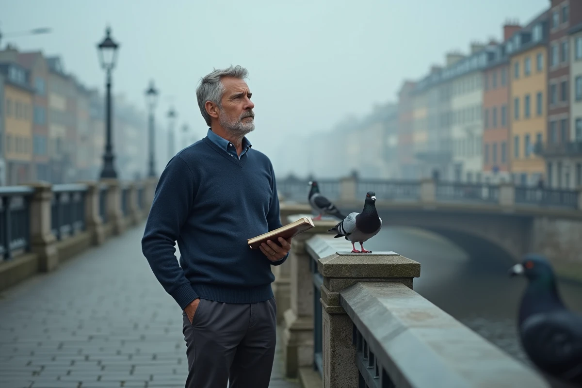 Homme pensif sur un pont urbain tenant un livre, regard posé au loin dans une atmosphère calme et introspective en ville
