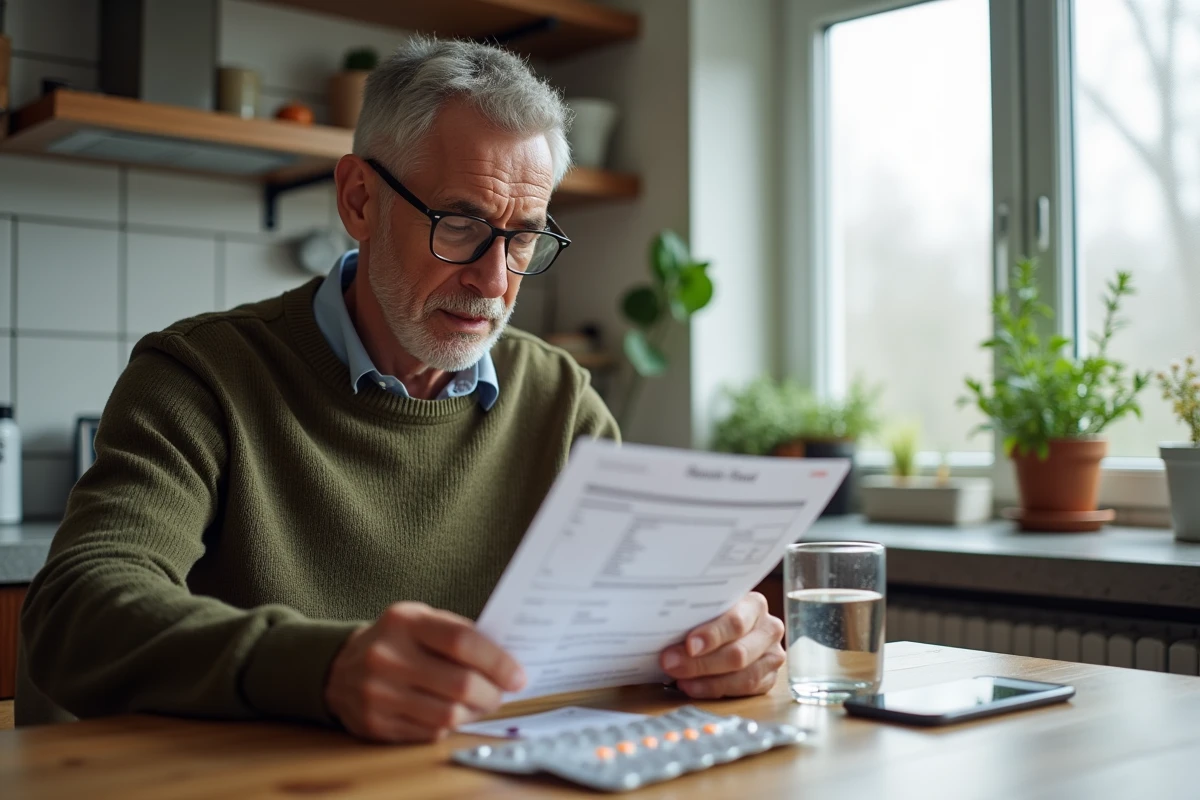 Homme âgé consultant ses résultats de prise de sang élevé à domicile avant un rendez-vous médical