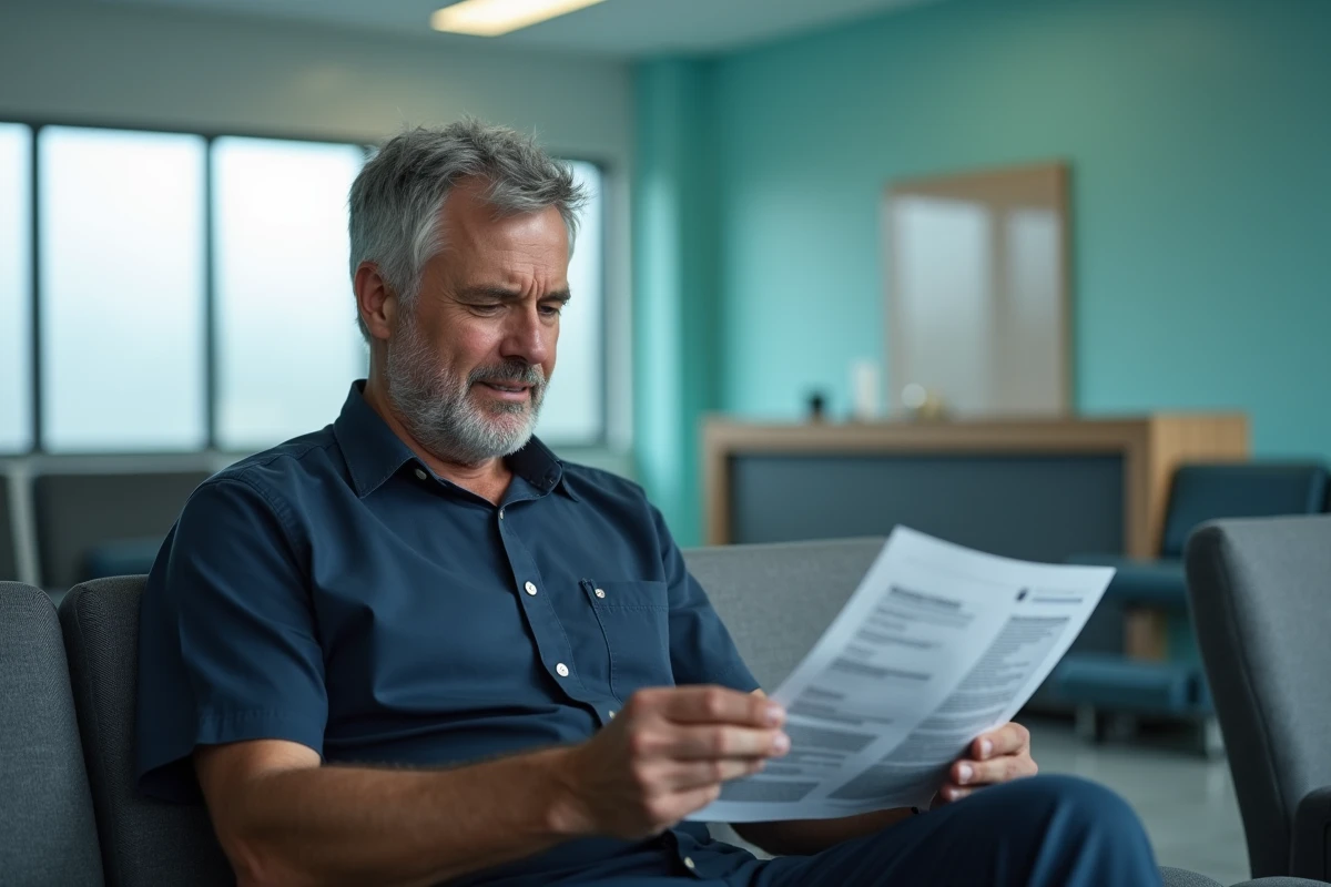 Homme lisant son compte-rendu d'IRM dans une salle d'attente hospitalière avant une consultation neurologique