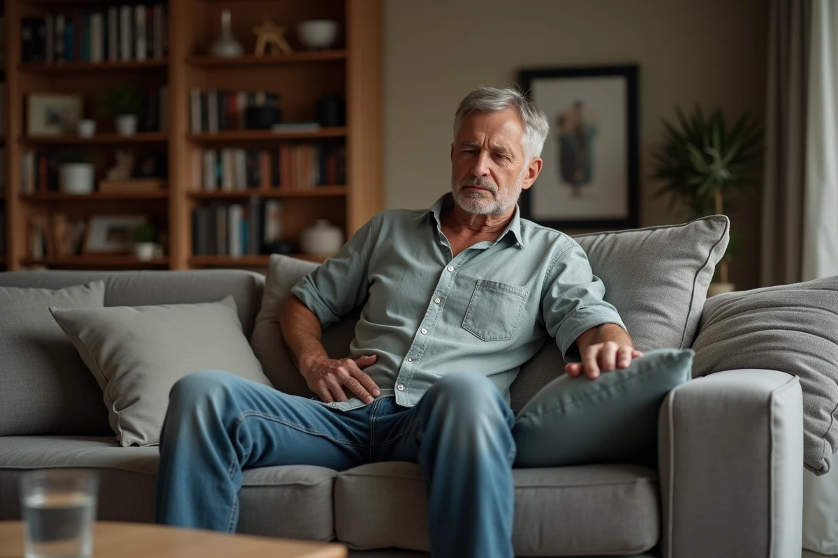 Homme assis sur le canapé réagissant après un repas