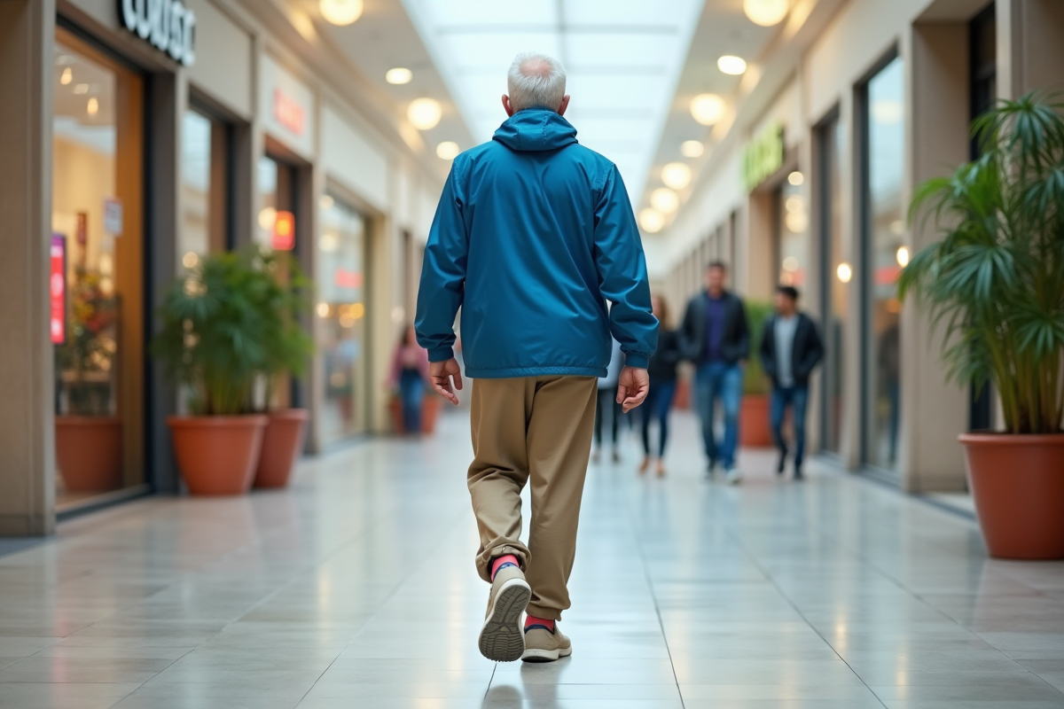 Homme senior en marche dans un centre commercial intérieur