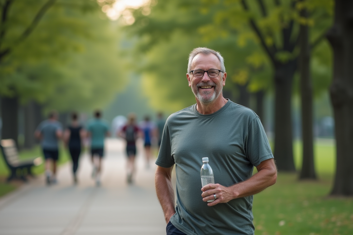 Homme en tenue sportive buvant dans un parc calme
