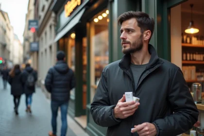 Homme en veste tenant un paquet de cigarettes devant un magasin au Luxembourg