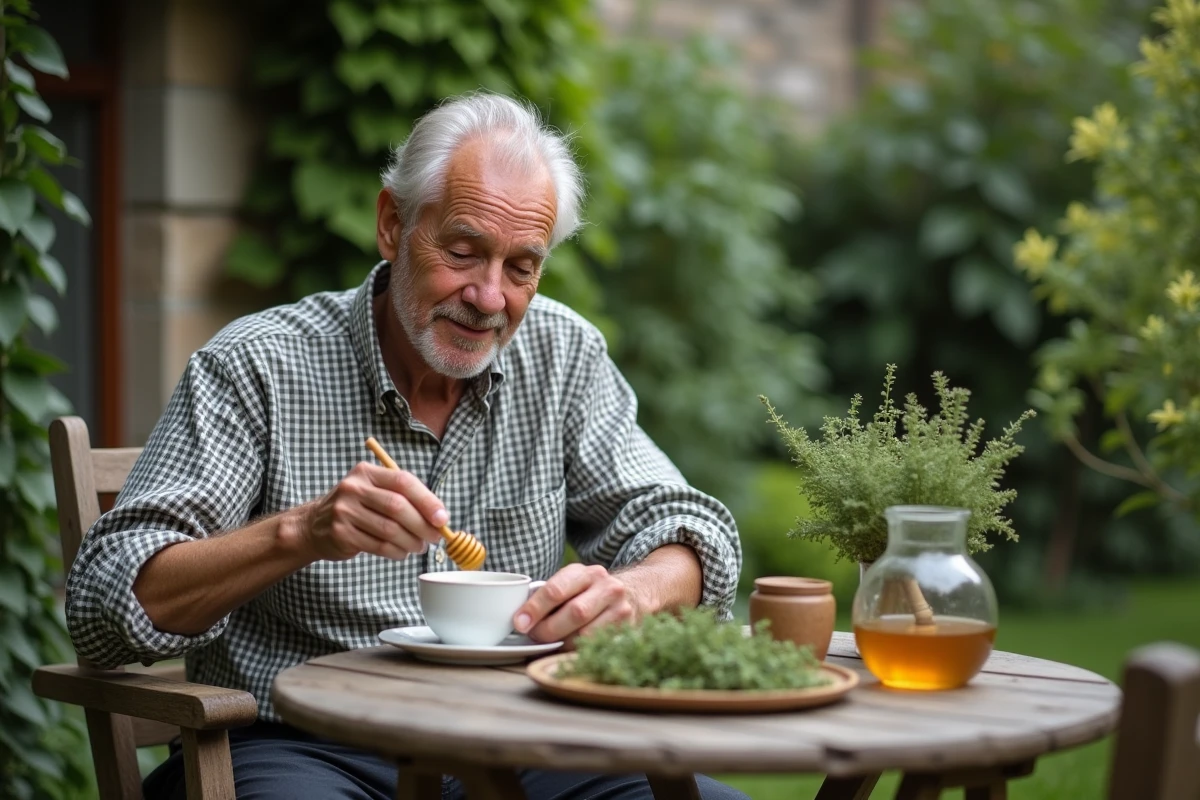 Homme âgé remuant thé au thym dans un jardin verdoyant
