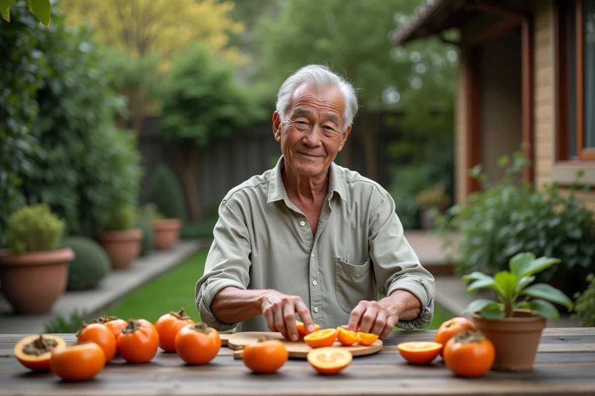 Homme âgé tranchant des persimmons dans un jardin verdoyant