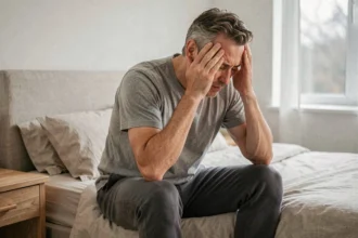 Homme souffrant de vertiges liés à la maladie de Ménière assis sur son lit, les mains sur les tempes