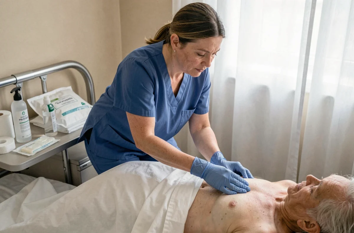 Infirmière à domicile examinant une zone cutanée sensible d'un patient âgé allongé sur un lit médicalisé