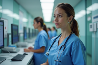 Infirmière en blouse bleue enseignant à un stagiaire
