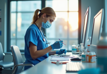Infirmière en blouse moderne préparant des médicaments dans un hôpital lumineux