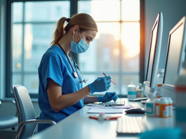 Rôle propre infirmière : 3 actions à connaître dans la médication Infirmière en blouse moderne préparant des médicaments dans un hôpital lumineux