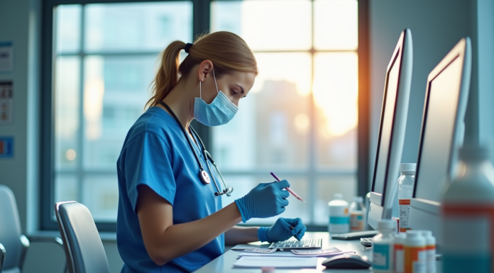 Infirmière en blouse moderne préparant des médicaments dans un hôpital lumineux
