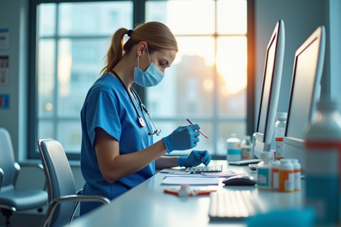 Infirmière en blouse moderne préparant des médicaments dans un hôpital lumineux