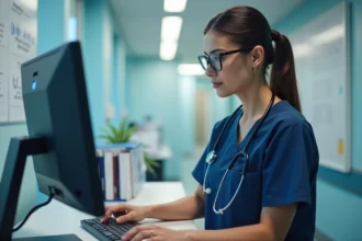 Infirmière consultant le logiciel c.netsoins 2026 à un poste de soins en établissement