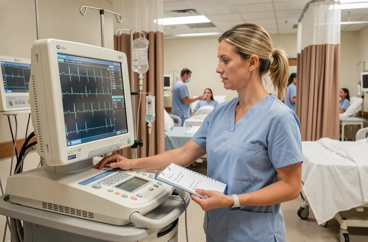 Infirmière en soins intensifs observant un moniteur ECG affichant un rythme cardiaque anormal lié à une hypokaliémie