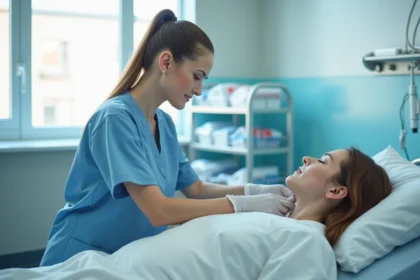 Infirmière en blouse bleue soignant un patient alité, soin d'escarre sacrum en milieu hospitalier