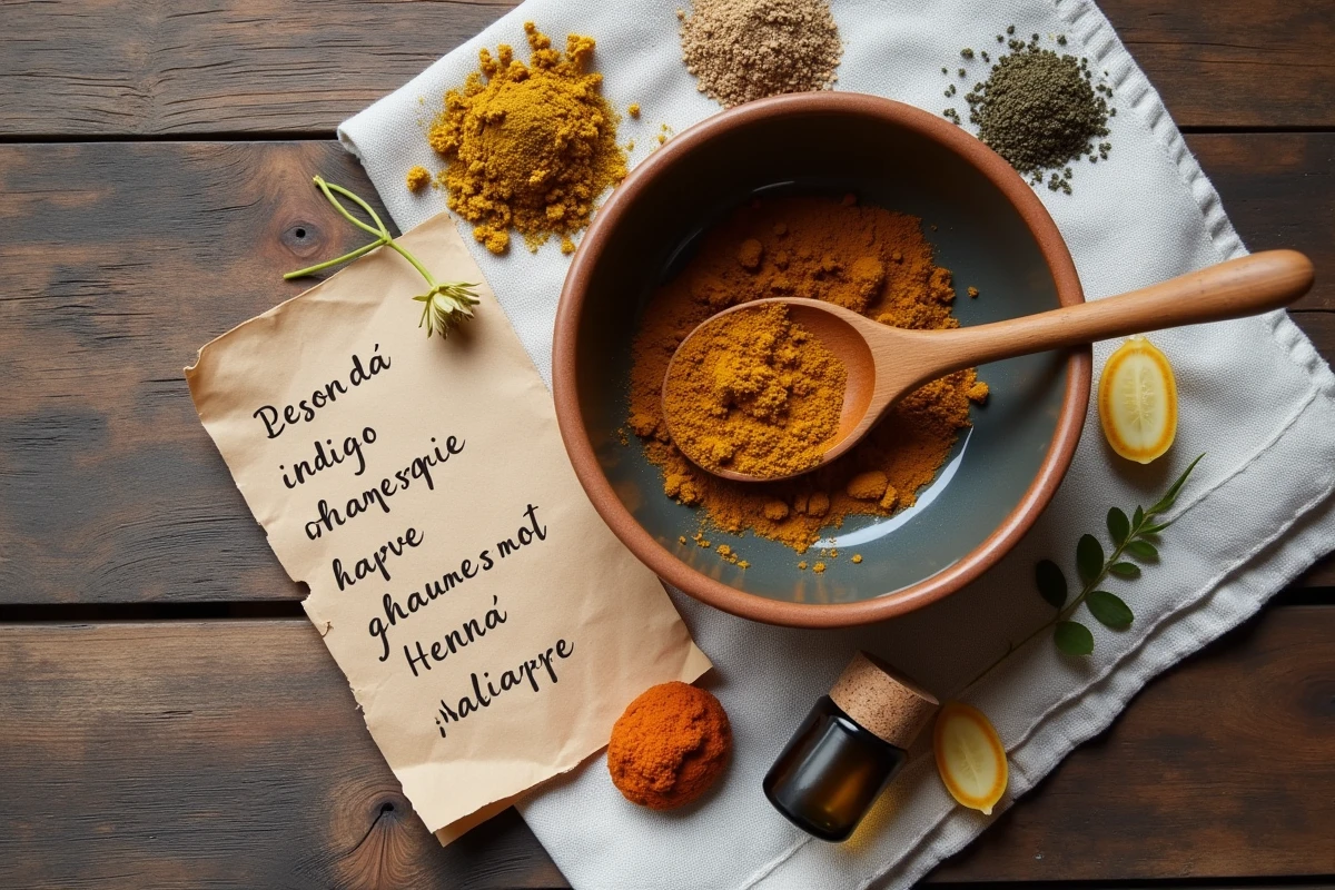 Flat-lay d'ingrédients naturels pour coloration végétale incluant henné, indigo et fleurs de camomille sur fond de lin rustique