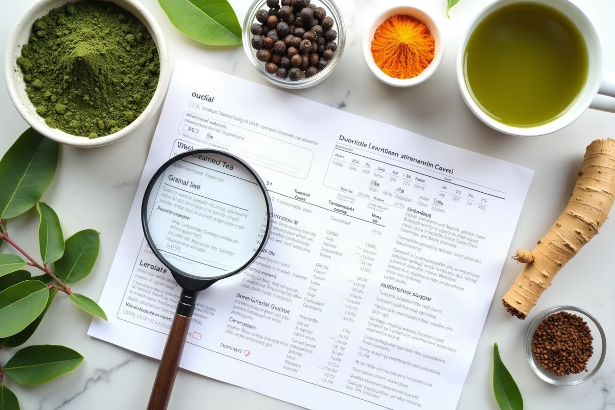 Ingrédients naturels d'un complément alimentaire disposés sur marbre avec fiche nutritionnelle annotée par un expert