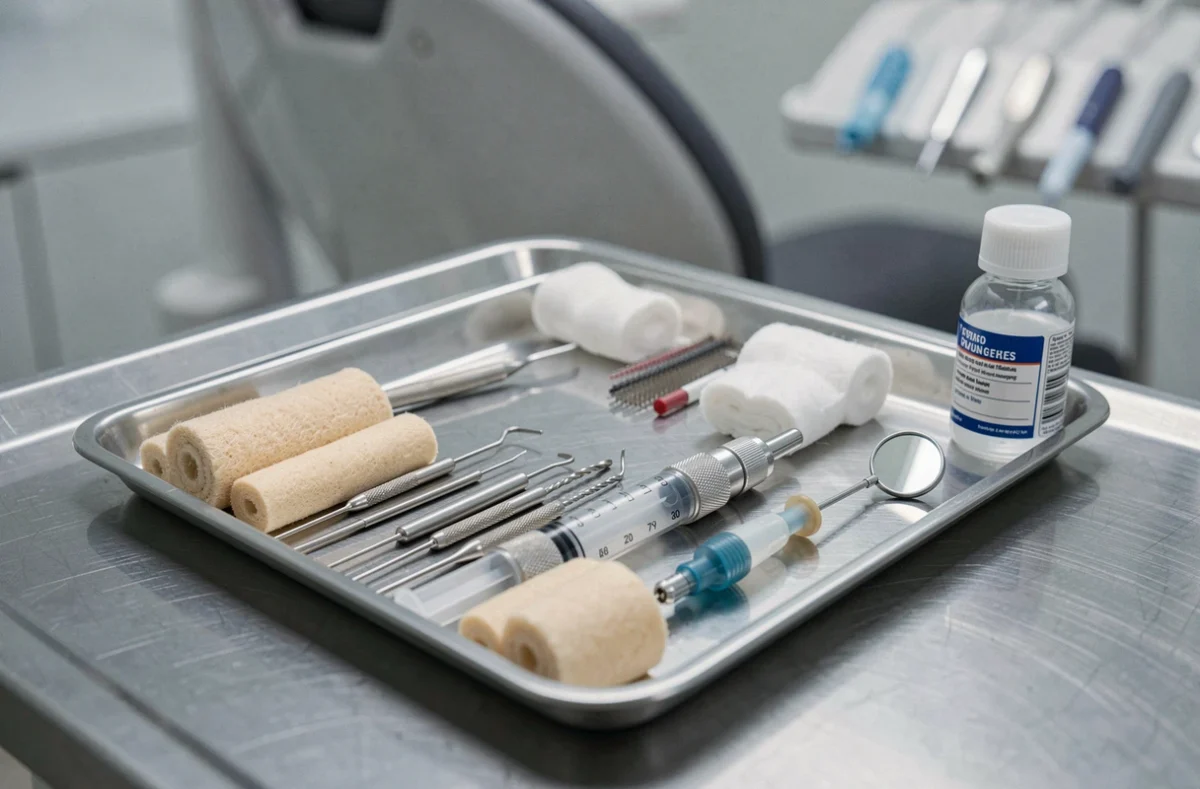 Instruments de dévitalisation dentaire disposés sur un plateau clinique stérile avant une séance de traitement canalaire