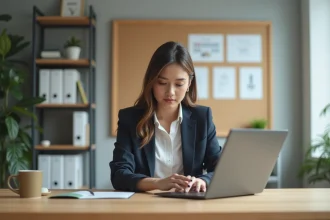 Jeune femme professionnelle concentrée sur son ordinateur dans un bureau moderne