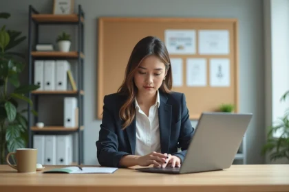 Jeune femme professionnelle concentrée sur son ordinateur dans un bureau moderne