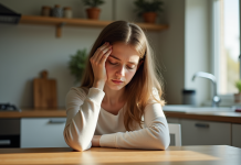 Jeune femme fatiguée assise à la cuisine en journée