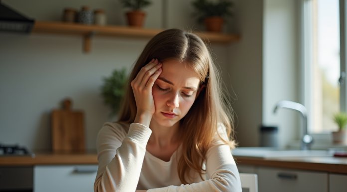Jeune femme fatiguée assise à la cuisine en journée