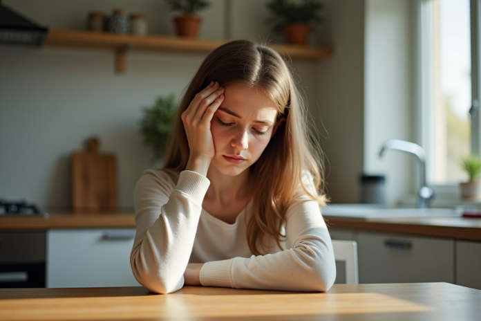 Jeune femme fatiguée assise à la cuisine en journée