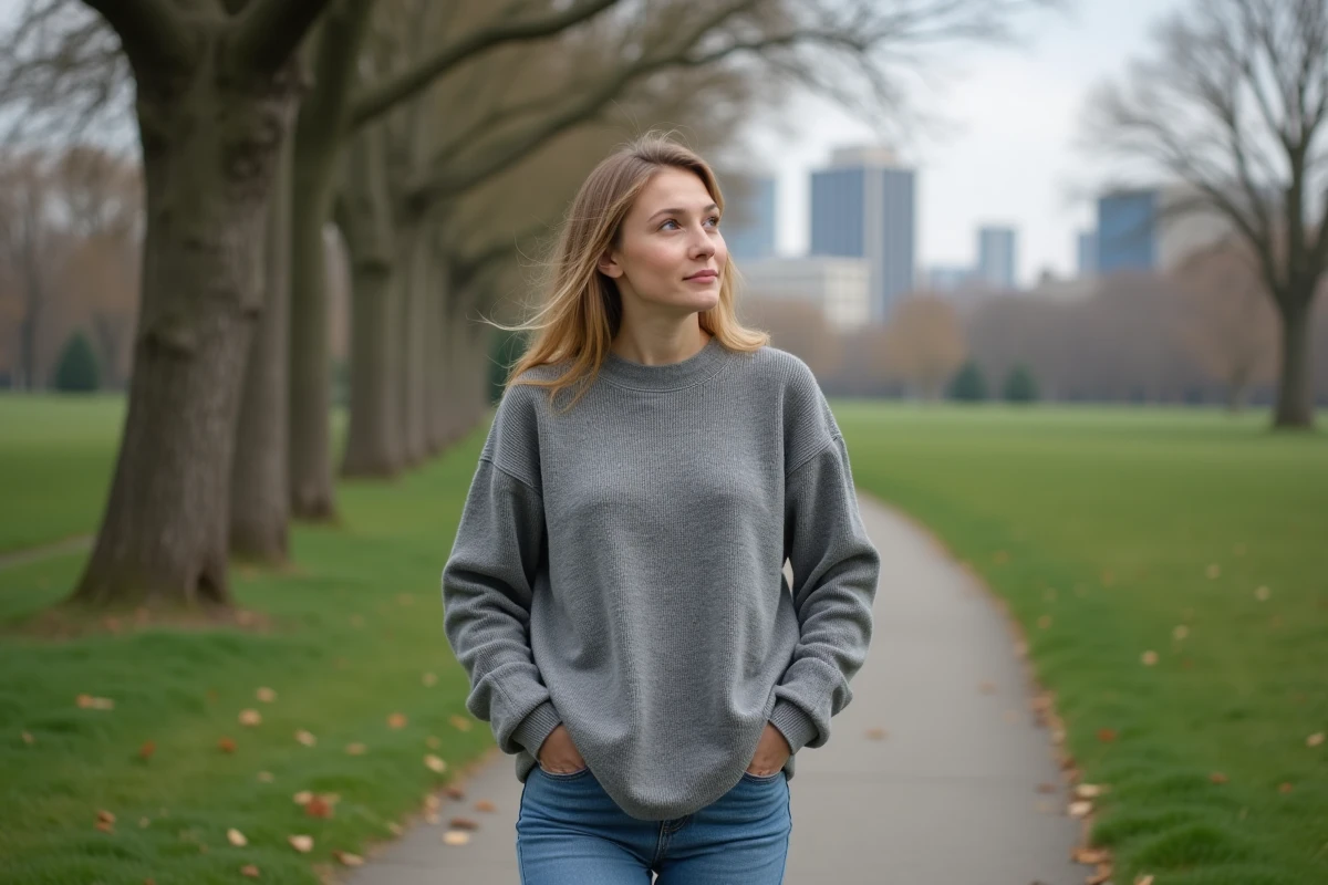 Jeune femme dans un parc regardant au loin avec réflexion