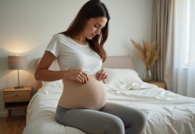 Jeune femme postpartum ajustant une bande abdominale beige