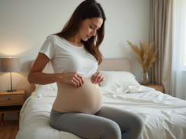 Le bandage postnatal : un allié pour le ventre après l’accouchement Jeune femme postpartum ajustant une bande abdominale beige