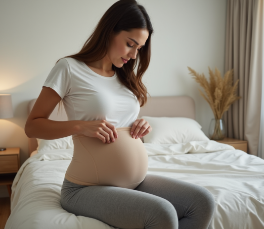 Le bandage postnatal : un allié pour le ventre après l’accouchement Jeune femme postpartum ajustant une bande abdominale beige