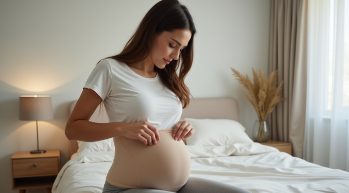 Jeune femme postpartum ajustant une bande abdominale beige