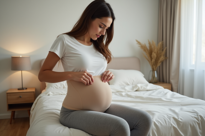 Jeune femme postpartum ajustant une bande abdominale beige