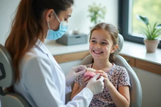 Fille de 7 ans souriante lors d'un contrôle dentaire