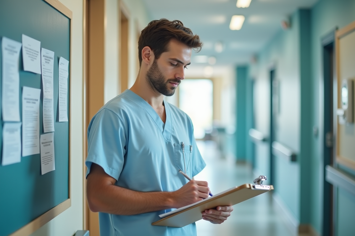 Jeune homme remplissant un formulaire dans un hall d hospital