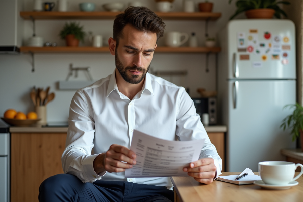 Jeune homme étudiant un rapport nutrition dans sa cuisine