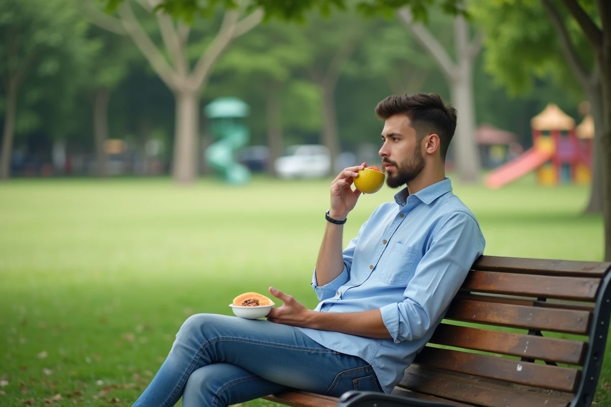 Jeune homme dégustant une papaye dans un parc verdoyant