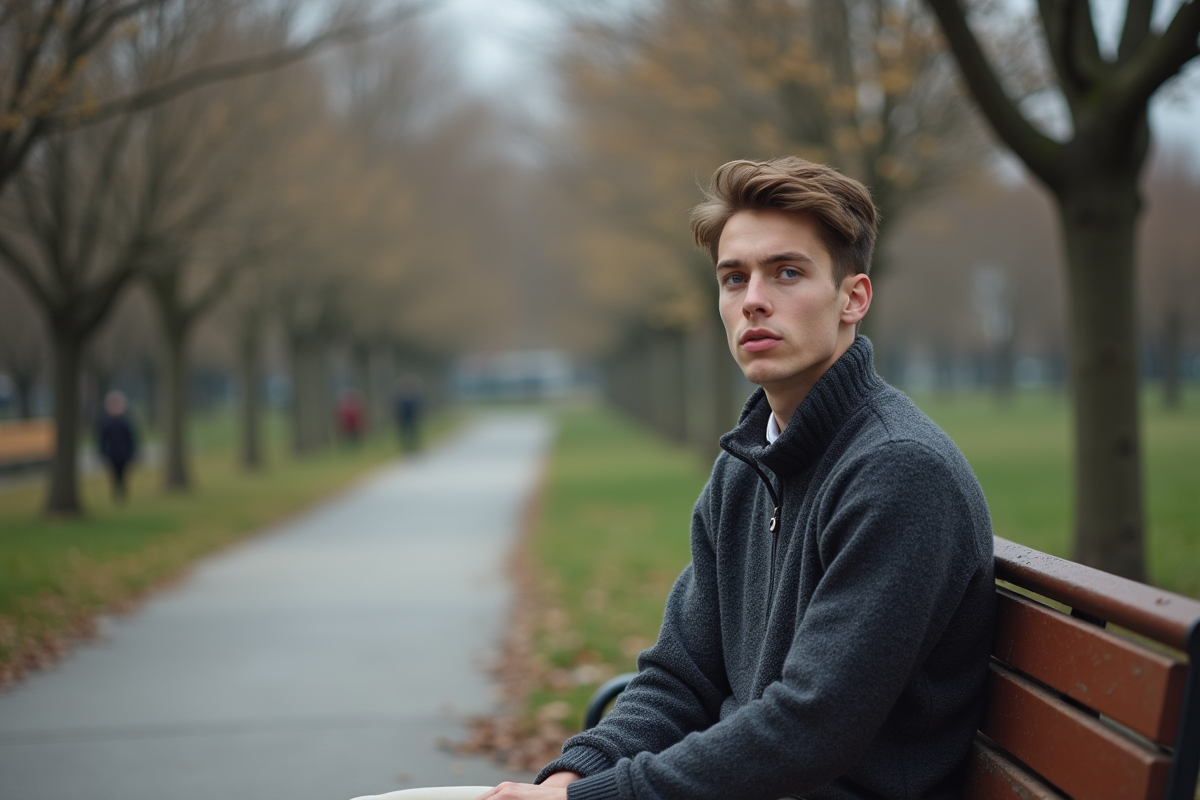 Jeune homme assis sur un banc dans un parc en pleine nature