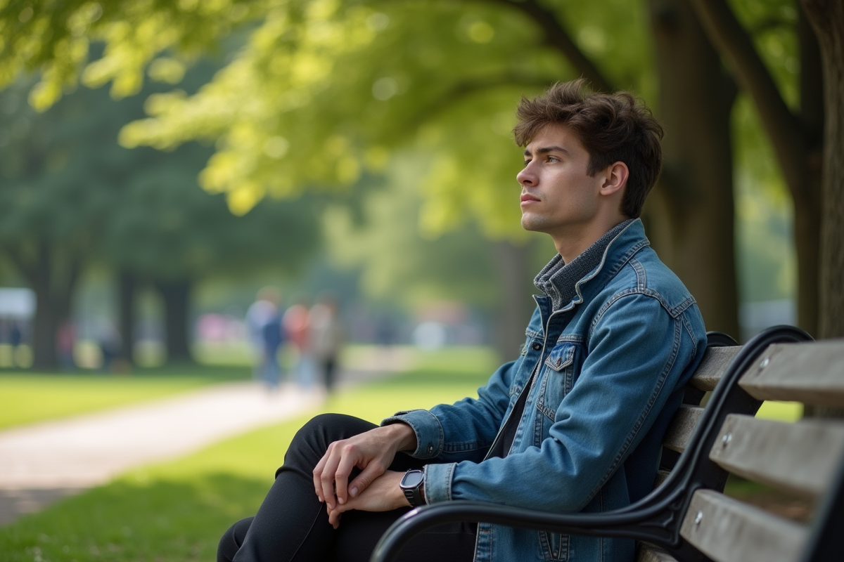 Jeune homme assis sur un banc de parc