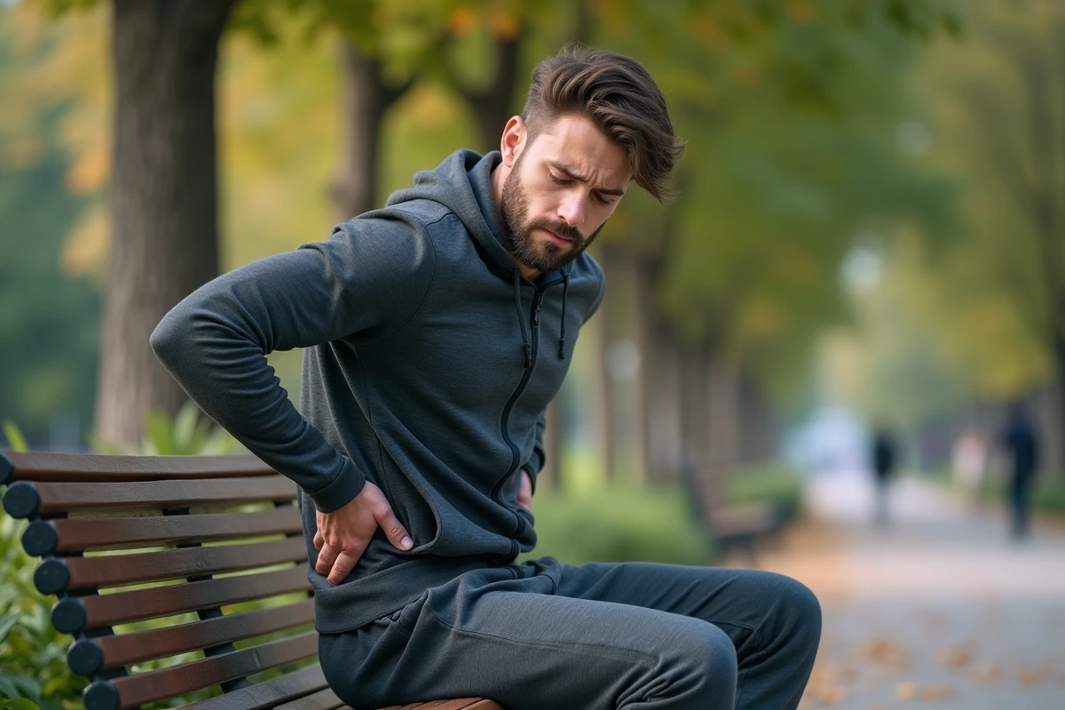 Jeune homme en sweat dans un parc en train de se masser la hanche