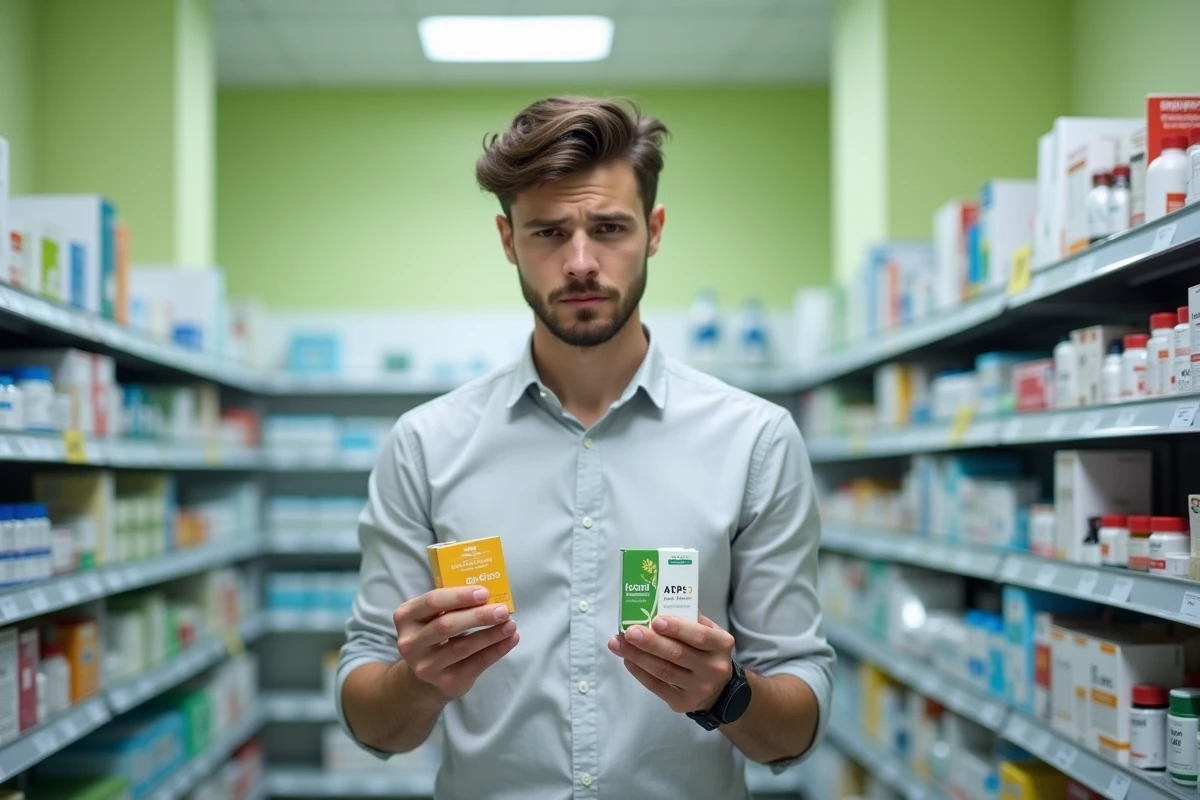 Jeune homme comparant antibiotiques et probiotiques en pharmacie