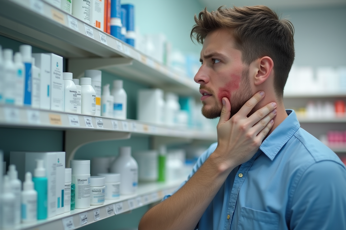 Jeune homme examinant produits de soin en pharmacie