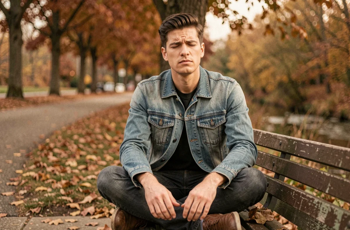 Jeune homme les yeux fermés sur un banc en automne, évoquant le processus de rappel mémoriel lié à l'hippocampe cérébral