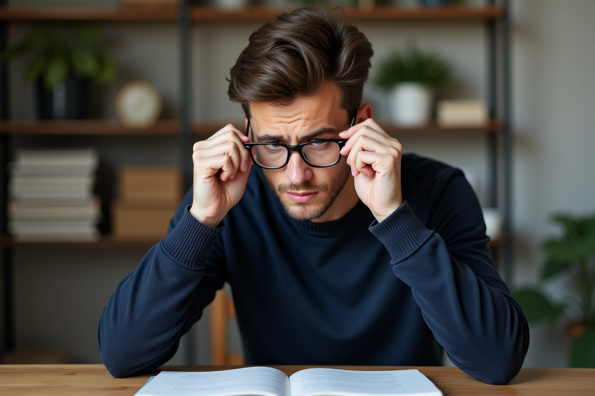 Jeune homme examinant ses lunettes rayées