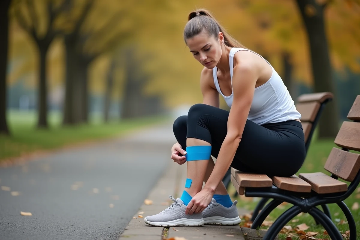 Femme joggeuse examinant son taping mollet sur un banc en plein air après une séance de course