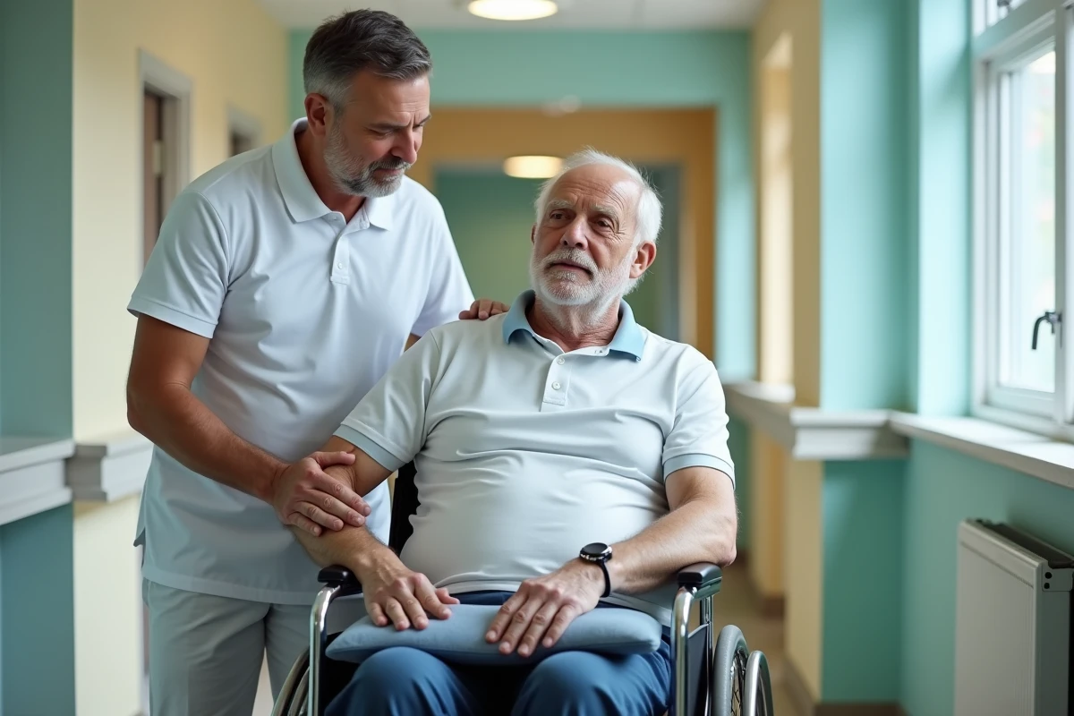 Kinésithérapeute repositionnant un patient en fauteuil roulant avec coussin anti-escarre en centre de rééducation