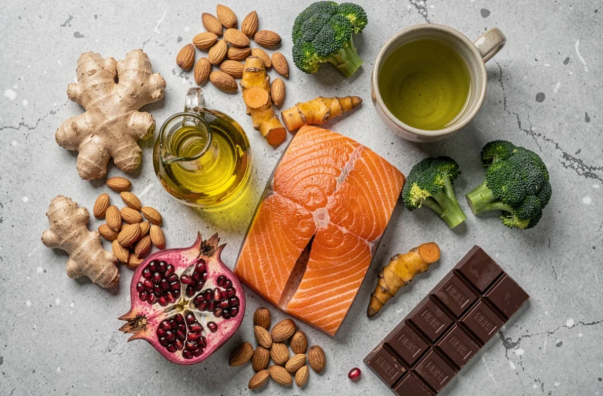 Vue de dessus d'une sélection d'aliments anti-inflammatoires incluant gingembre, curcuma, saumon, grenade et chocolat noir