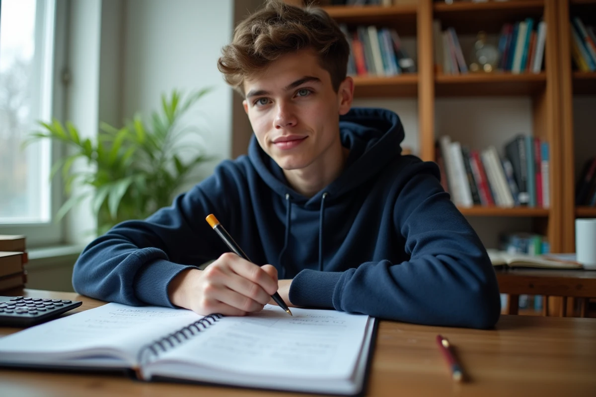 Lycéen révisant les méthodes de calcul de concentration chimique avec des notes manuscrites et une calculatrice à son bureau