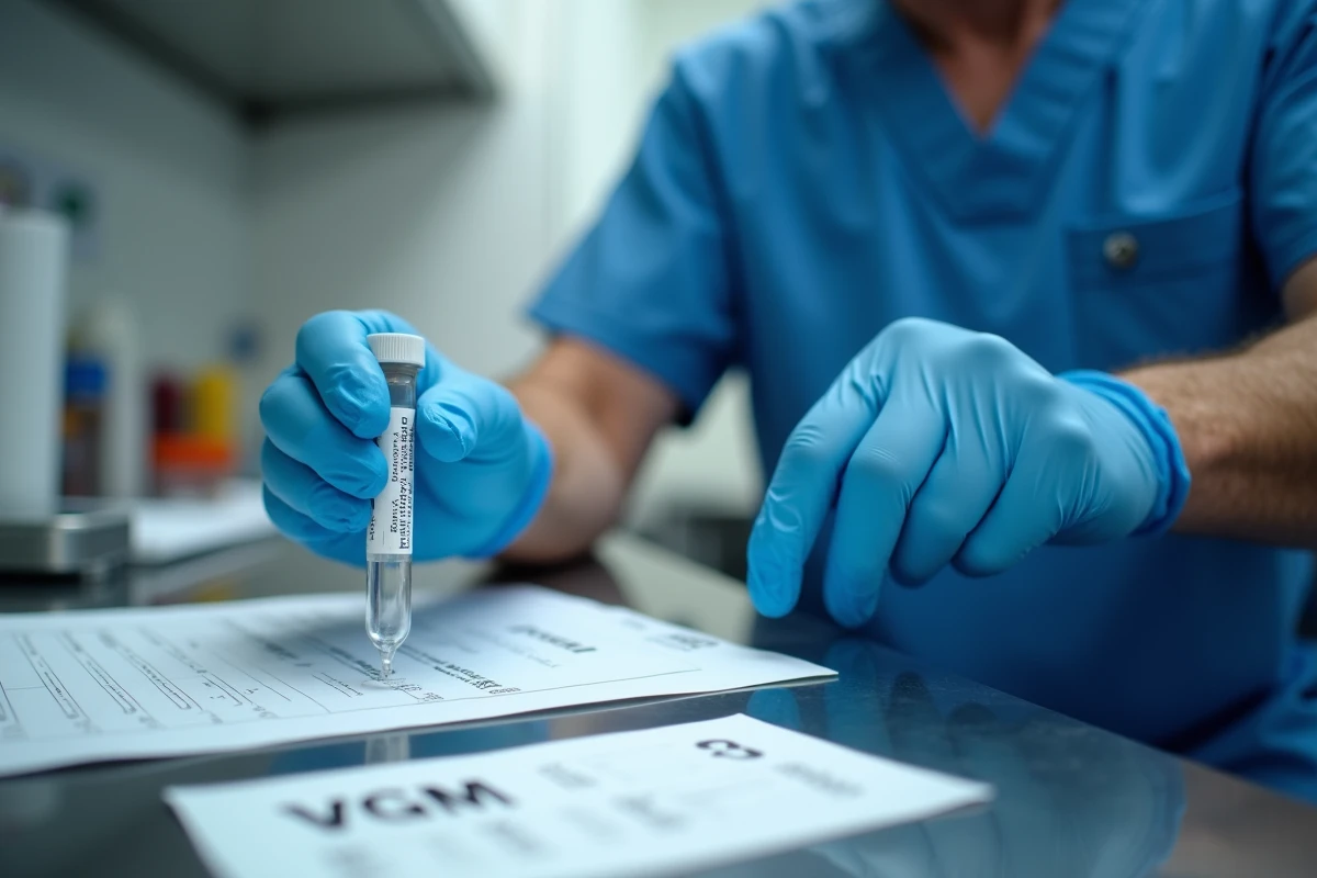 Main d un professionnel de la santé tenant un tube de test VGM